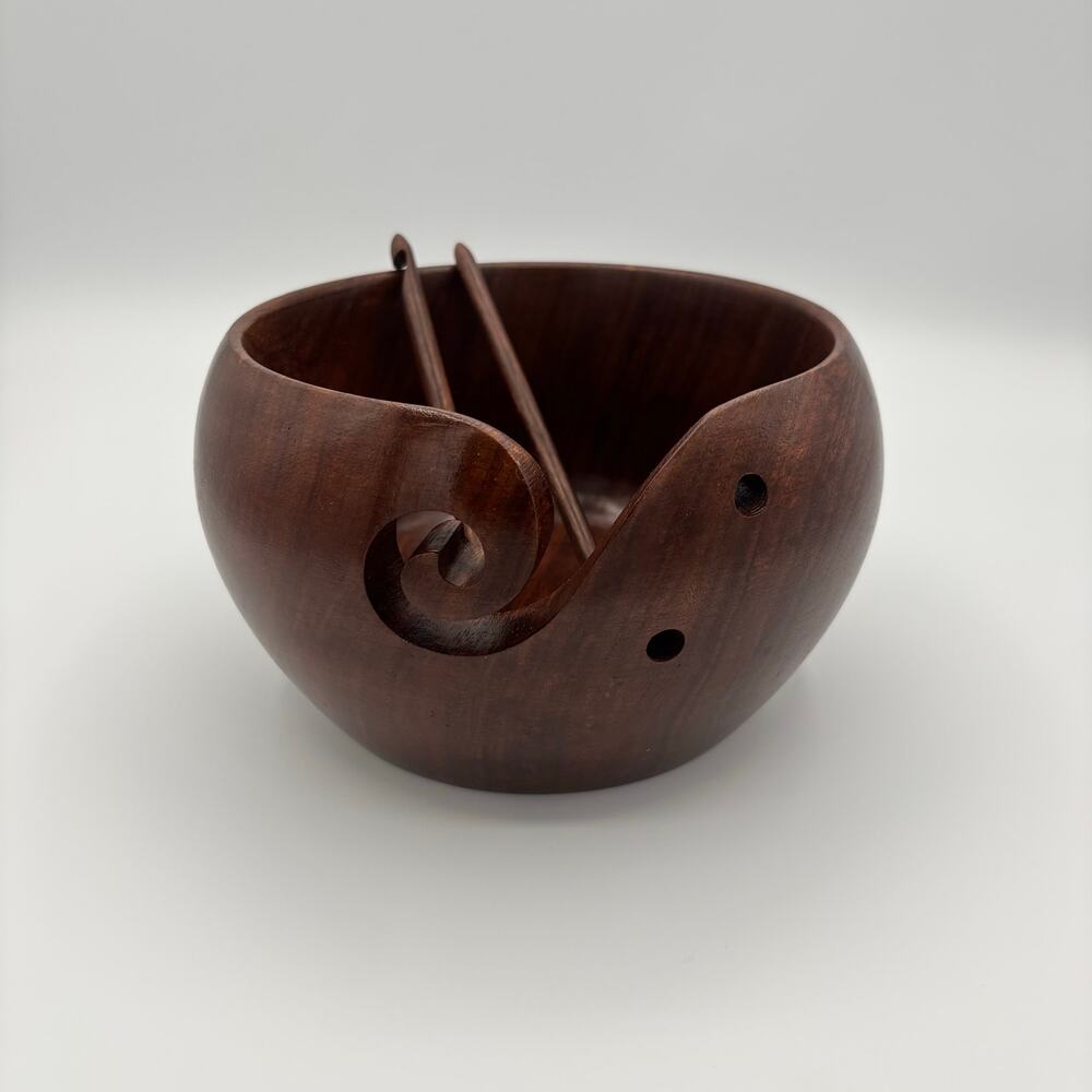 EUNOIA Wooden Yarn Bowl w/ Yarn Hook Needles - Handmade Knitting Wool Storage